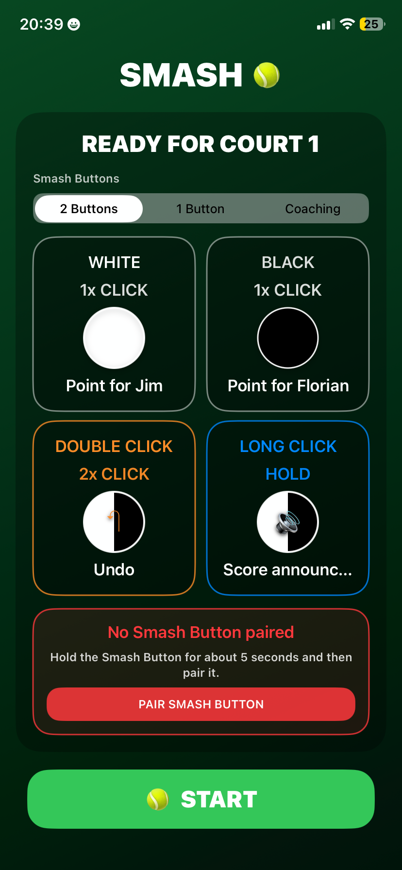 Original SMASH app ready screen with Smash buttons and pairing